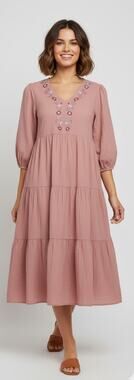 Preswick & Moore Women Medium Terracotta Mauve Pink Embroidered Tiered Dress